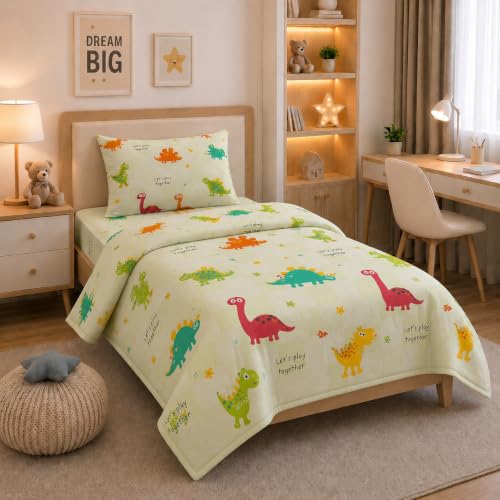 Image of Filymore Green Dino Elastic Fitted 3-Piece Kids Bedding Set - Single Bed Comforter with Matching Fitted Single Bedsheet & Pillow Cover - Soft Design for Children's Room(Peach and White)(90X60) inch