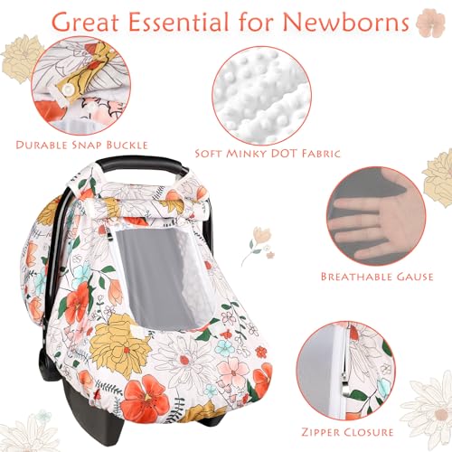 Image of Baby Carseat Cover Girls, Pea Pod Infant Car Seat Covers Canopy for Newborn with 2 Layers Windows of Breathable Mesh /Fabric, Lightweight Polyester /Minky Dot Backing, Snug Fit Most Baby Car Seat