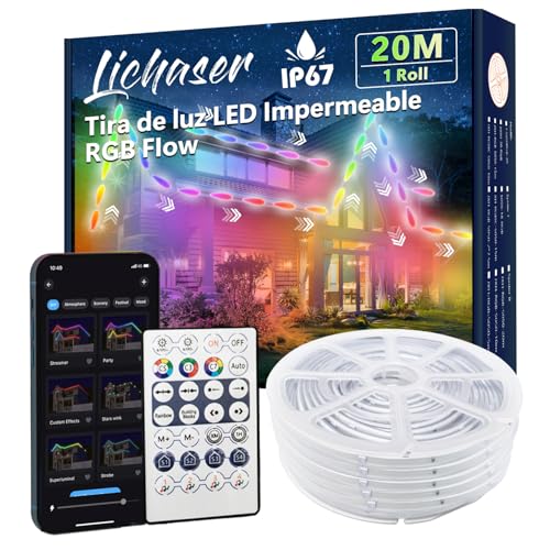 Lichaser Tira LED Exterior Impermeable DIY IP67 RGB+IC, Seguimiento, Segmentación de Tiras LED con Aplicación BT y Control Remoto RF Para uso en Exteriores (20m)