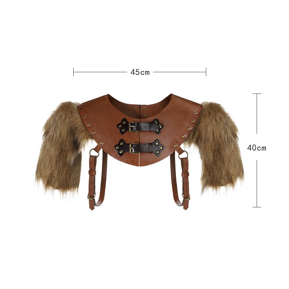 LONTG Men Viking Leather Faux Fur Shawl Wrap Medieval Furry Shoulder Cape Warrior Cloak Armor Costume Accessory Cosplay Collar Scarf Stole Shrug Halloween Fancy Dress Jacket Coats Party Outfit - Image 3