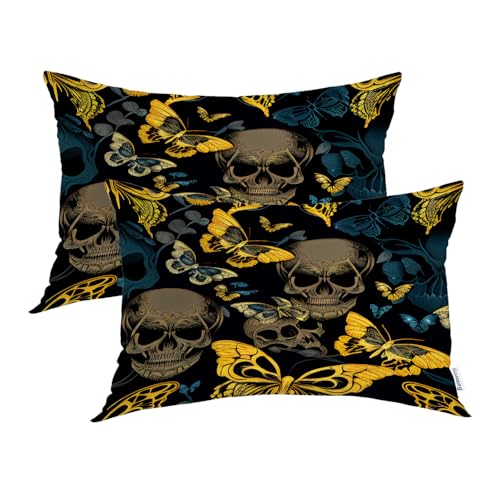 Batmerry Seamless Yellow Butterfly Skull Pillowcases, Halloween Abstract Decorative Bed Pillow Cover with Hidden Zipper Soft Blended for Hair and Skin 20X26 in