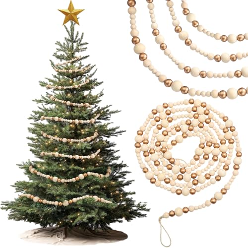 Briwooody 27 ft Long Christmas Wood Bead Garland 3 Pcs 9 ft Wood Christmas Tree Garland Decoration Vintage Beaded Garlands for Xmas Wedding Holiday Farmhouse Home Boho Decor(Gold, Wooden Color)