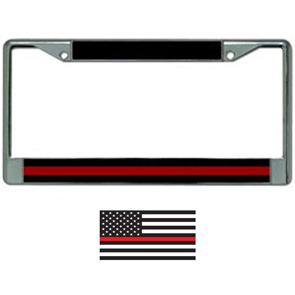 Butler Online Stores Red Line Firefighter License Plate Frame Bundle with American Flag Firefighter Decal