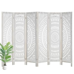ECOMEX 6 Panel Room Divider, Folding Freestanding Privacy Screen Divider, Carved Wood Room Divider for Bedroom Home Office Apartment Studio Hotel Restaurant Garden Terrace(White)