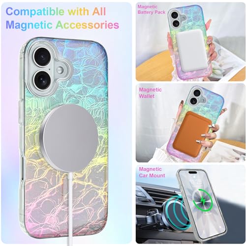 Image of AIGOMARA Cute Case for iPhone 17 Case for Women Girls [ Compatible with Magsafe ] Glitter Girly Aesthetic Rainbow Magnetic Protective Phone Cover, Fluorescent Iridescent Craquelure Pattern