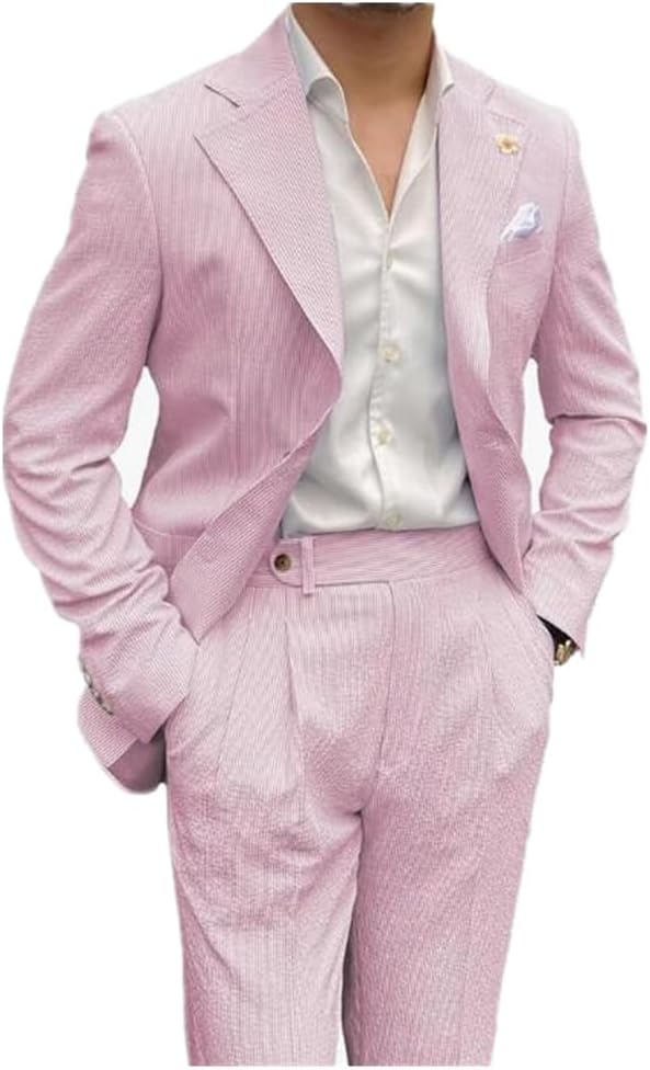 Seersucker Summer Men Suits Striped Blazer Tuxedo 2Pcs Mens Wedding Grooms