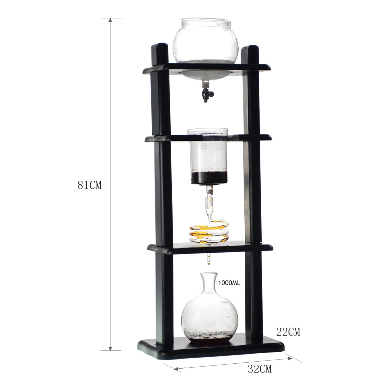 Cold Brew Drip Coffee Tower, Ice Coffee Maker - Cold Drip Coffee Maker 6-8 Cups, 1000ml, with Slow Drip Technology, Glass Container and Wood Stand, for Commercial Office