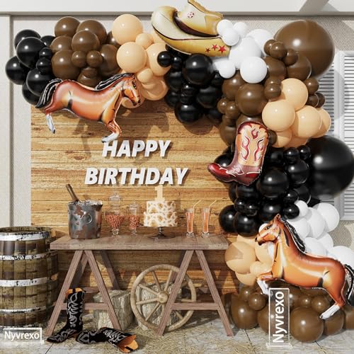 Image of 150Pcs Western Cowboy Balloon Garland Arch Kit, Black Brown White Balloons With Cowboy Boot Hat Horse Foil Balloons for Western Cowboy Farm Wild West Baby Shower Birthday Party Decorations
