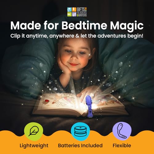 Image of Gifts for Readers & Writers Book Light for Kids, Clip On Reading Light for Bed, 2in1 Flexilight Pals & Bookmark, Small & Lightweight with a Soft Glow, 2 Batteries Included, Robot Purple