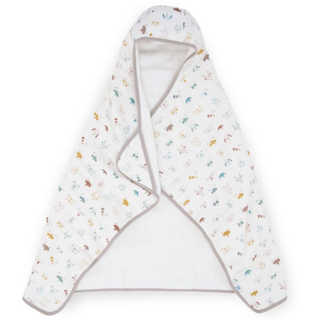 Little Unicorn Hooded Bath Towel | Absorbent Cotton & Terry Blend | Larger Size for Baby & Toddlers, 1-6 Years (Animal Crowd)
