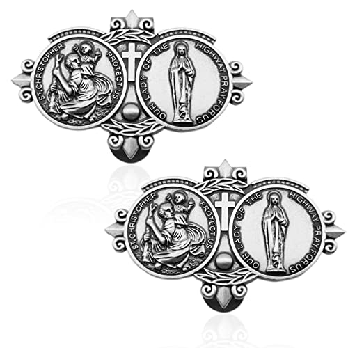 TEMI St Christopher Medal, for Car Visor Clips for Cars Catholic Visor Clips Silver,Auto Sun Visor Accessories Our Lady Bless Driving Safety Religious Gift for Driver, Parent, Family, Friend (2Pcs)