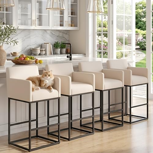 Image of Modern Counter Height Bar Stools Set of 4, Linen Fabric Upholstered Bar Stools with Backs, 26 Inch Kitchen Island Stools with Black Metal Frame, Cream