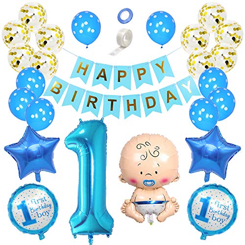 Shuxy First Birthday Decorations Set Boy Blue One Year Old Baby Boy Foil Balloon White Gold Confetti Balloon Number 1 Balloon Happy Birthday Banners Garland Blue Prince Theme Kit Party Supplies