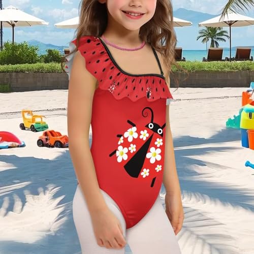 Image of Ladybug Swimsuits for Girls 5-14 One Piece Bathing Suit Kids One Ruffle Shoulder Beach Sport Swimwear