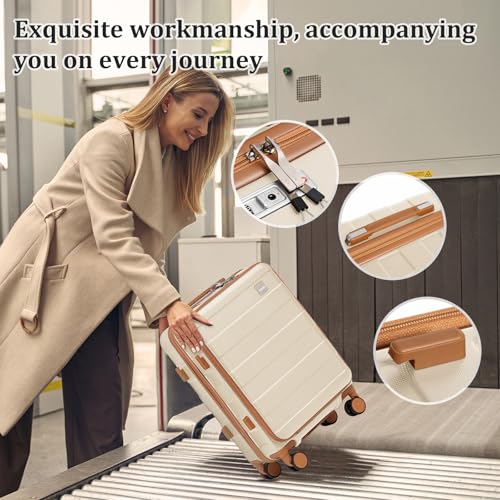 imiomo-Carry-on-Luggage-Airline-Approved-Lightweight-Hard-Shell-Carry-on-Suitcase-20-Inch-Travel-Luggage-with-Spinner-Wheels-and-USB-Port-White-Brown
