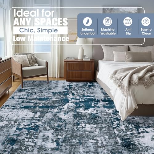 10x14 Area Rugs for Living Room Rug Washable: Abstract Large Rug Indoor Modern Carpet Non Slip for Dining Room Bedroom Nursery Home Office Navy Grey
