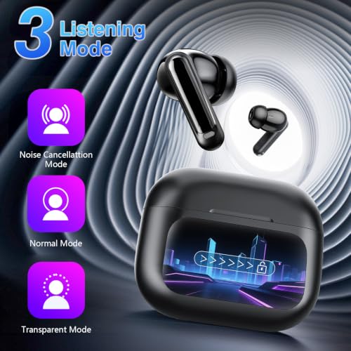 Image of Thunelec Wireless Earbuds with Touch Screen, 2026 New Bluetooth 5.4 Headphones with ANC /ENC Mic, 50H HiFi Stereo Ear Buds with 5 EQ Modes, Transparency Mode, IPX7 Earphones for Running /Fitness, Black