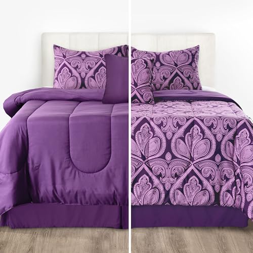 LUX Décor Reversible 5pc Queen Comforter Set, Printed Bedding Set, All-in-One Bed in a Bag, Includes 1 Comforter, 2 Pillow Shams, 1 Decorative Pillow & 1 Bed Skirt (Paisley Purple,Queen)