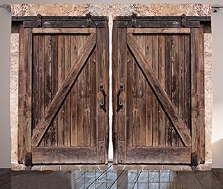 Ambesonne Rustic Curtains, Wooden Barn Door in Stone Farmhouse Image Vintage Desgin Rural