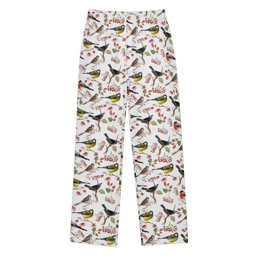 Winter Bird Berry Boys Long Pants Soft Trousers Elastic Waist Kids Lounge Bottoms with Pockets S-XL