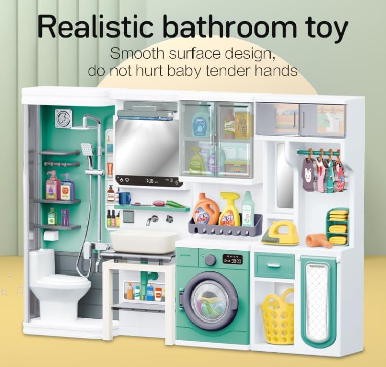 Daji 4-in-1 Bathroom & Laundry Room Toy Set - Mini Washing Machine, Shower, Toilet & Cleaning Accessories for Kids | Realistic Pretend Play Home Set (Multicolor)(4door) 2