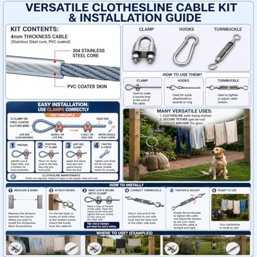 Image of Heavy Duty 4MM PVC Coated Wire Rope Kit | 7x7 GI Steel Cable with Snap Hooks, U Clamps & Turnbuckle | Rustproof Clothesline Wire for Balcony, Gym & Outdoor Use (30 Meter /98.4 Feet)