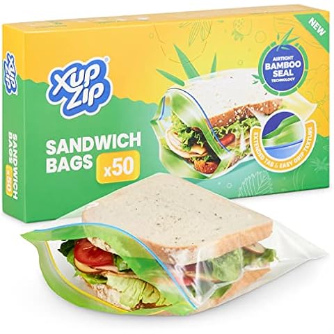 XupZip Sandwich Bags 19 x 17cm - 50-Pack Ziplock Bags with Airtight Bamboo Seals - Sturdy Plastic Bag for Sandwiches - Easy to Open Zip Lock Bags - BPA-Free Food Storage Bags - Reusable Sandwich Bags Cover