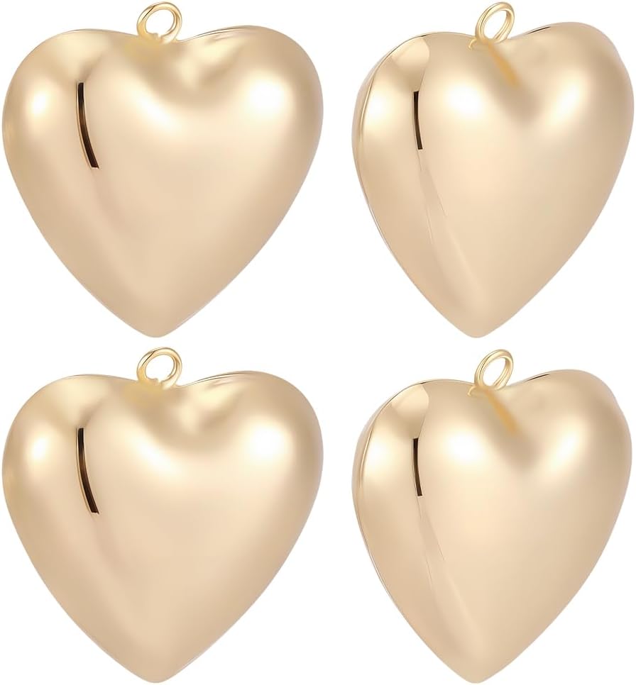 Beebeecraft 1 Box 5Pcs 3D Heart Charms Puffy Gold Charms Real 18K Gold Plated Brass Hearts Love Valentines Aesthetics Smooth Pendants for Necklaces Bracelets Earrings Jewelry Making DIY Craft