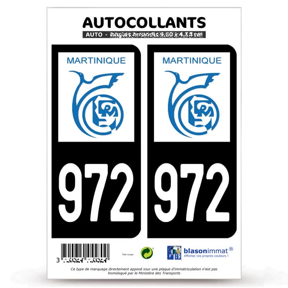 Autocollant Plaque Immatriculation Martinique 972 - Lot De 2 Stickers Officiels