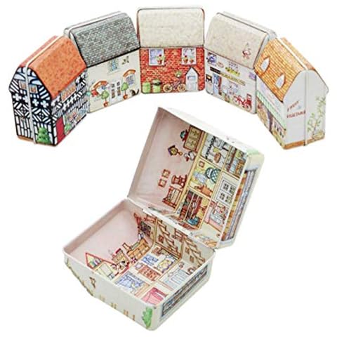 Hebudy Sweets Tin, Tea Caddy Tin Box Metal Storage Container Multicolored Gift Tin House Shape Retro Vintage 2 PCS Cover