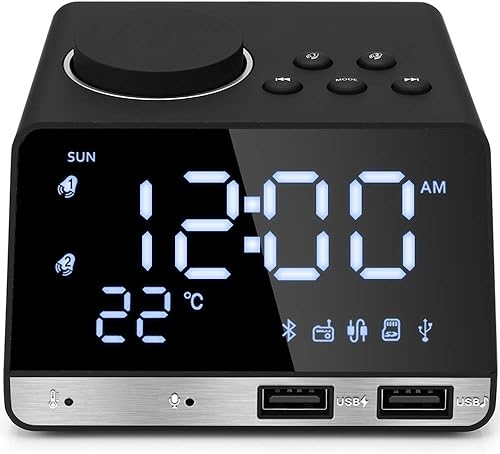 Hetyre 4.2 pulgadas despertador Radio, altavoz Bluetooth con doble reloj de repetición puerto de carga USB, juego de tarjeta AUX TF, termómetro,