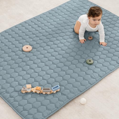 Image of Comfy Cubs Rectangle Kids Play Mat - Medium 48 x 72 inches Soft Quilted Baby Floor Mat with Non-Slip Bottom - Plush Design for Toddlers Playtime - Comfortable and Durable - Pacific Blue