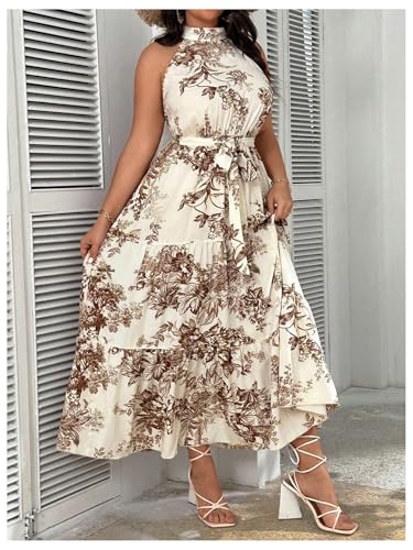 Image of Floerns Women's Plus Size Boho Sleeveless Halter Neck Tie Back A Line Long Dress