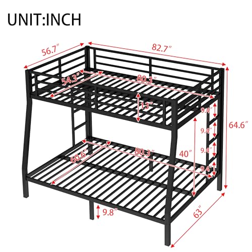 Bellemave Full XL Over Queen Bunk Bed for Adults, Full XL Over Queen Bunk Bed Frame with 2 Ladder and Full Length Guardrail, Easy Assemble, Mattress Not Included, Black