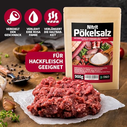 D&O Nature Products Pökelsalz 900g, Nitritpökelsalz zum Trocken- und Nasspökeln, Natriumnitrit Anteil 0,4-0,5%, Pökelsalz für Schinken, Fleisch, Wurst, Kassler, feines NPS Salz (900g)