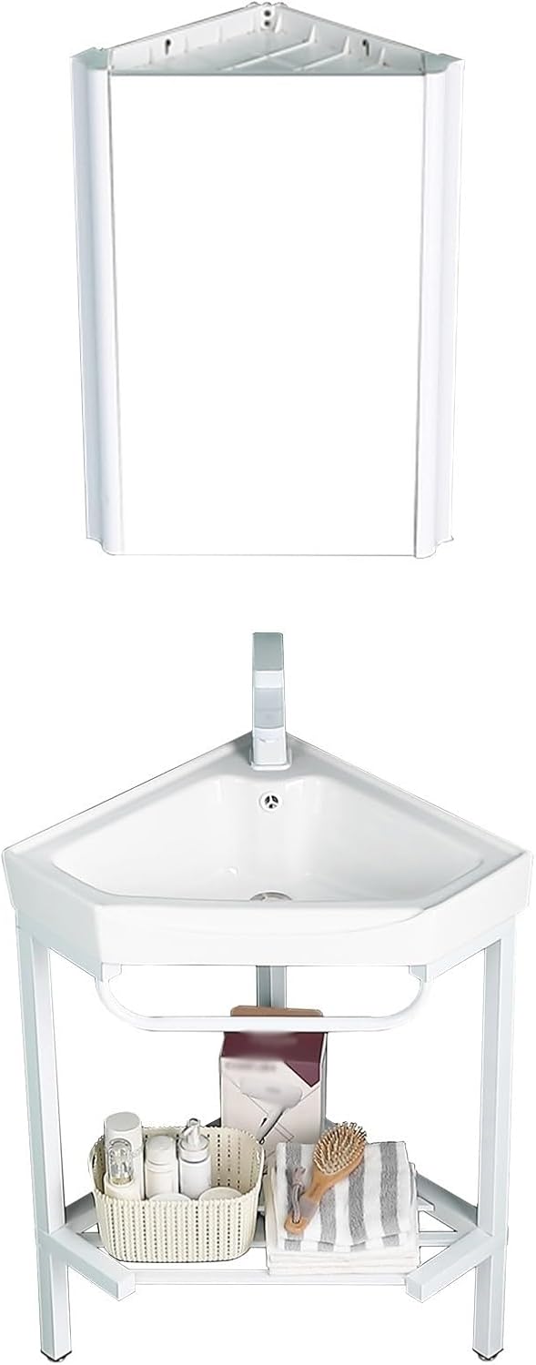 Bathroom corner sinks and vanity combo set,stainless steel bracket ceramic sink,utility sink free standing,Cabinet with mirror,faucet,accessories,for bathroom,balcony,guest room,small room ( Color : S