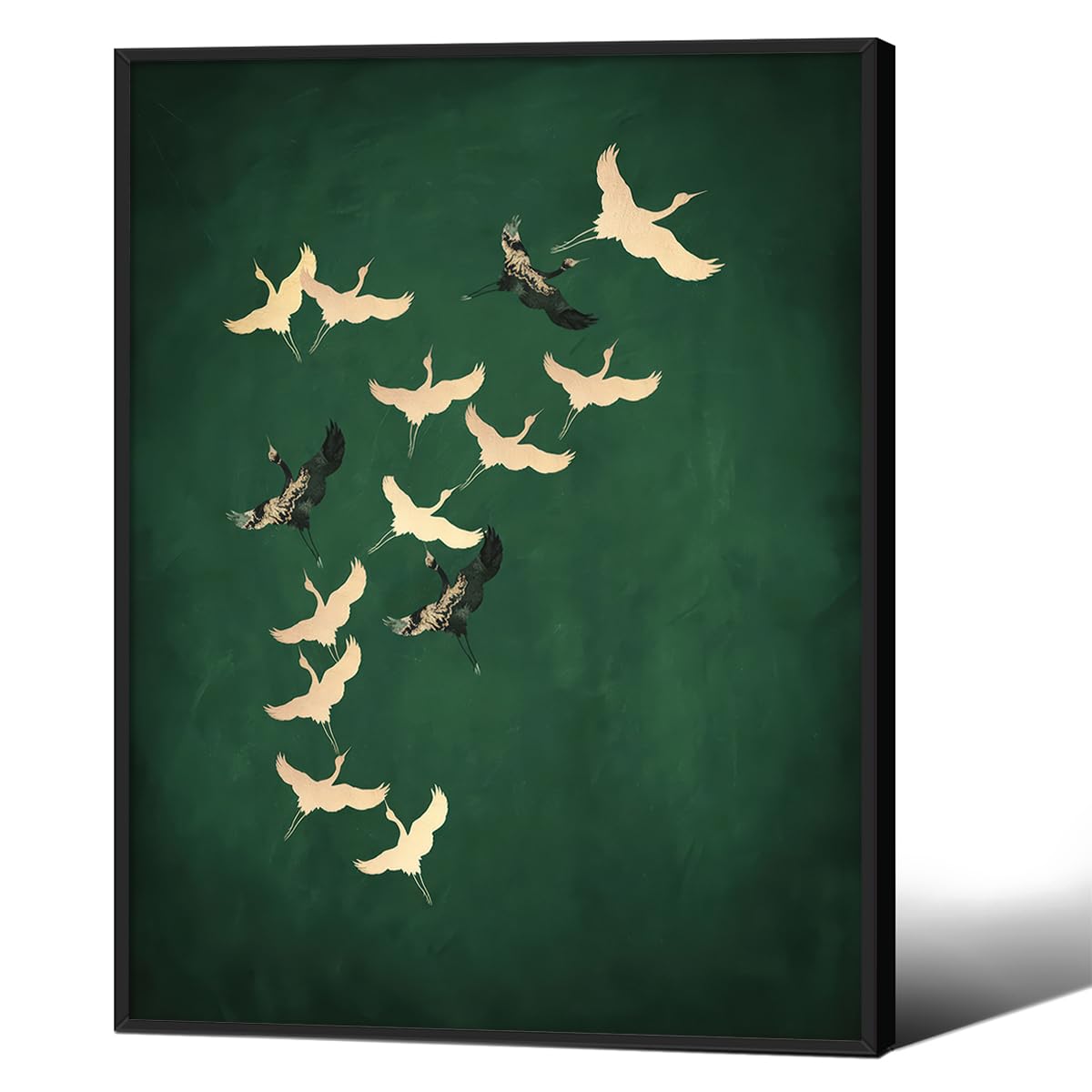 Emerald Gold Green Flying Cranes Posters Japanese Eclectic Wall Art Nature Animal Canvas Prints 12X16 inch Black Framed Maximalist Modern Bird Wall