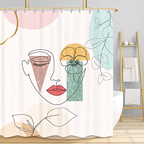 LIGHTINHOME Abstract Woman Face Shower Curtain 60Wx72H Mid Century Minimalist Modern Simple Aesthetic Girl Fabric Waterproof Home Bathtub Decor 12 Pack Plastic Hooks
