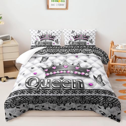 Image of AILONEN Queen Crown Comforter Set for Women,Black Lace Butterfly Bedding Set Full Size for Room Decor,3-Piece Luxury Black and White Quilt with 2 Pillowcases