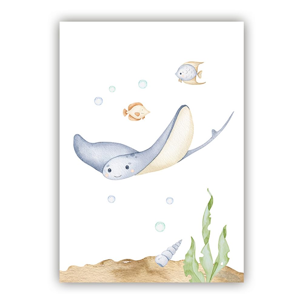 BeiYiHo 6 Affiche Animaux Marins Enfant Poster Chambre Bebe Hippocampes Baleines Tortue Tableau Deco Chambre Garçon 21X30CM Toile Decoration Murale Chambre Enfant Cadeau sans Cadre