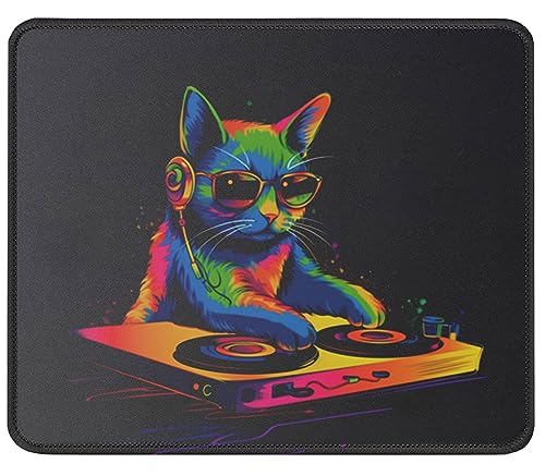 Rainbow DJ Cat Mouse Pad - Funny Gag Gift for Cat Lovers - Pet Lovers Gift - Cat Mom, Cat Dad Gift - Kitten Cat Mouse Mat 9.5 Inch for Gaming