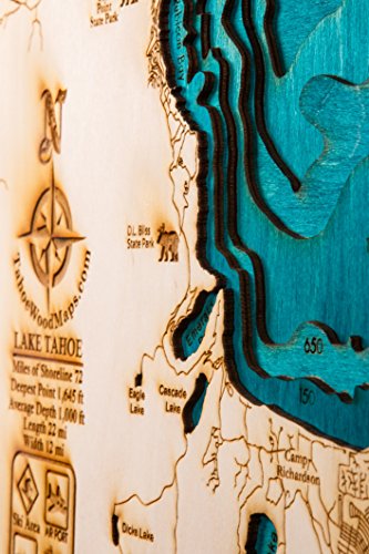 Large. Beautifully Detailed! Blue Lake Tahoe 3-D Wood Map. 24In X 31In #TOP4
