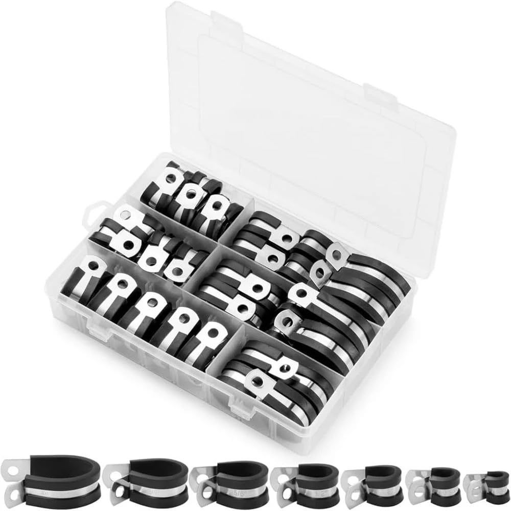 Kit di 60 fascette stringicavo, in acciaio inox con cuscinetto in gomma, in metallo da 1/4'', 5/16'', 3/8'', 1/2'', 5/8'', 3/4'', 1''