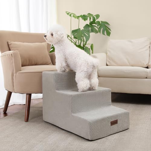 Image of Aodisman Dog Stairs for Small Dogs & Cats, 3-Step Extra Wide Non-Slip Pet Steps for Couch Sofa and Chair, Light Grey, 15.7 inch H