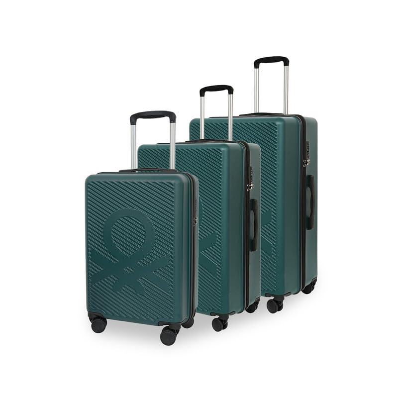 United Colors of Benetton Hard Luggage Glide Set of 3 (Cabin, Mid & Cargo) - Dark Green | PC Carry-On Trolley Bag | TSA Lock & 360° Spinner Wheels Suitcase | Telescopic Handle | Water Resistance