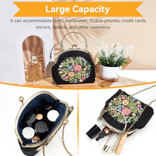 Schwarz Leinentasche Stickerei Starter Kit, Stickpackung Aus Segeltuch, Stickset Tragetasche, Canvas Tragetasche Damen, Unfertige Handgefertigte DIY-Geldbörse Mit Kussschloss Und Crossbody-Kette