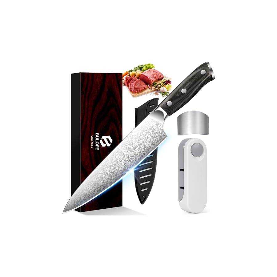 BULOFE 8" Professional Chef Knife, Super Sharp Chef's Knife with Finger Guard and Knife Sharpener, High Stainless Steel with Ergonomic Handle