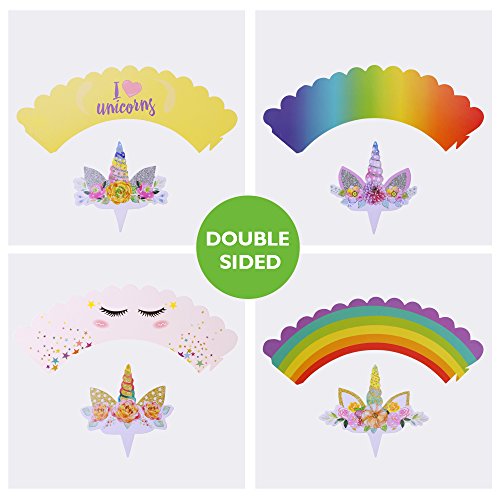 FZR Legend [Unique Design] 24 Sets Cute Unicorn Cupcake Toppers and Wrappers(4Styles,Double