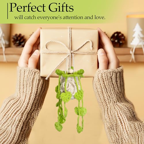 Image of Crochet Car Air Freshener Hanging, Cute Hanging Plant for Cars, Crochet Plant with 10ml Empty Refillable Oil Diffuser Bottle, Handmade Boho Car Ornaments Charms for Rear View Mirror, Green