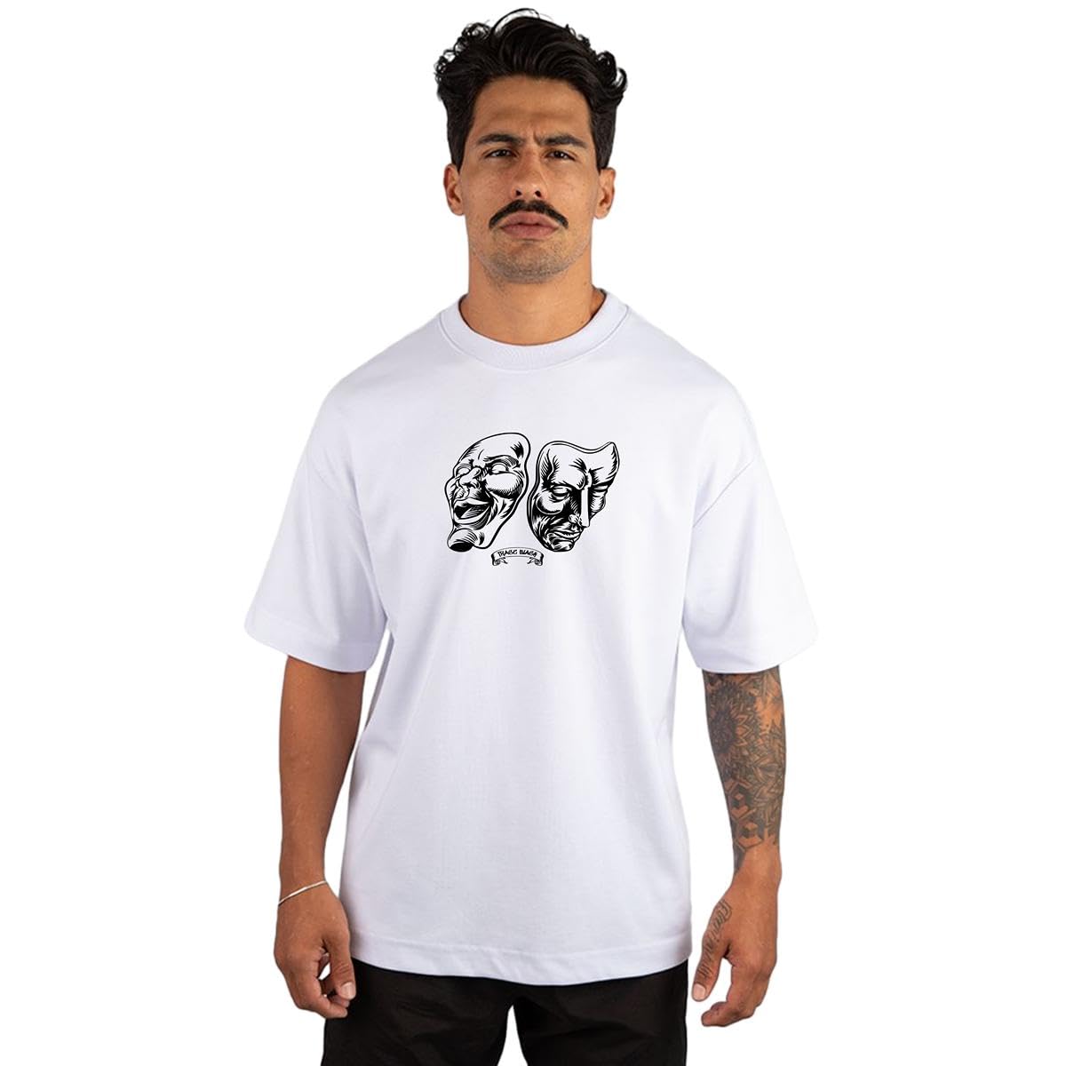 Camiseta Oversized Masculina Streetwear Trace Black Two Face 100% Algodão Premium 30.1 Penteado